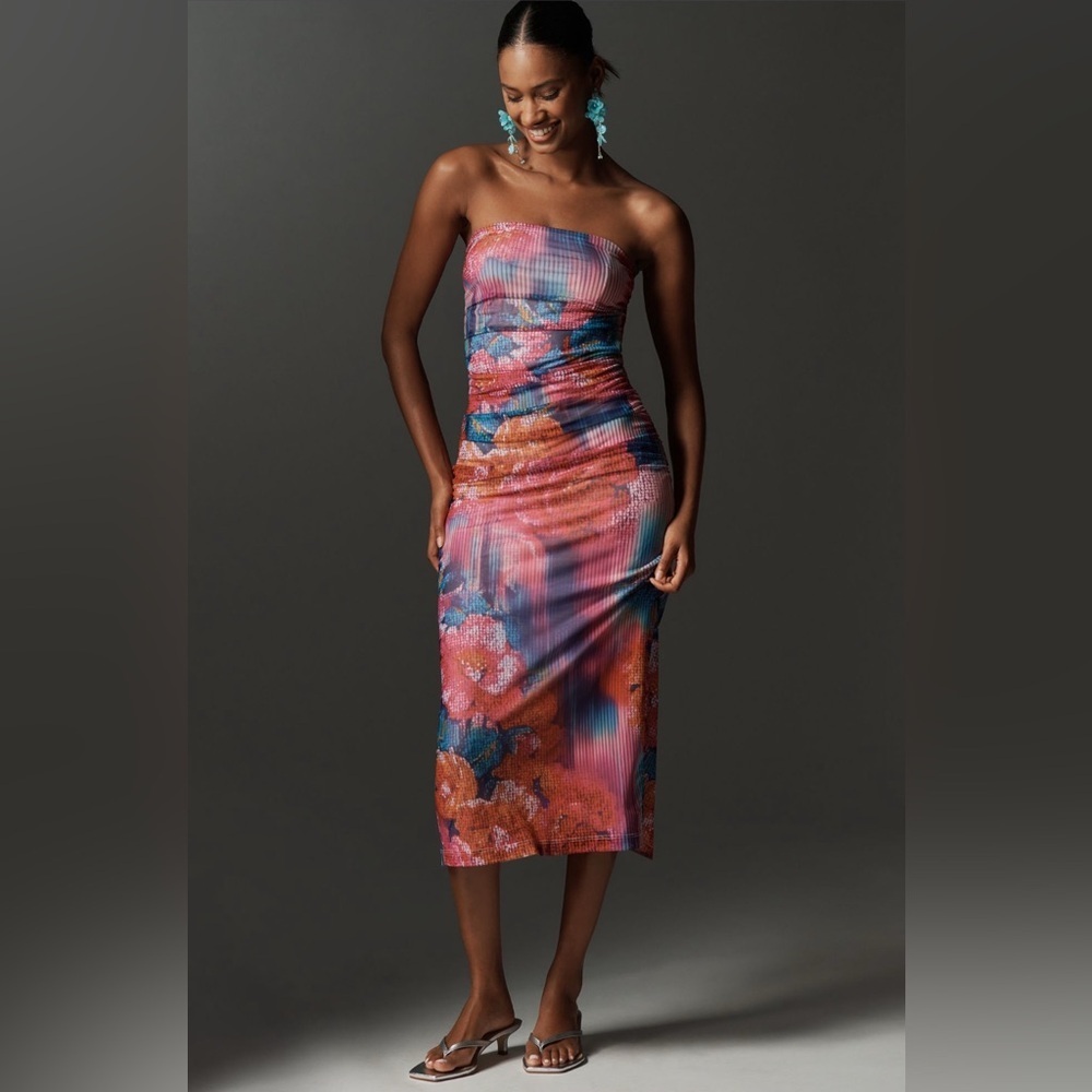 Anthropologie The Soleil Slim Strapless Ruched Mesh Dress